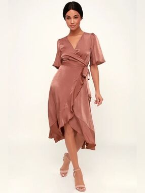 IVY CITY NWOT Wrapped Up In Love Mauve Satin Faux-Wrap Midi Dress SIZE 1X